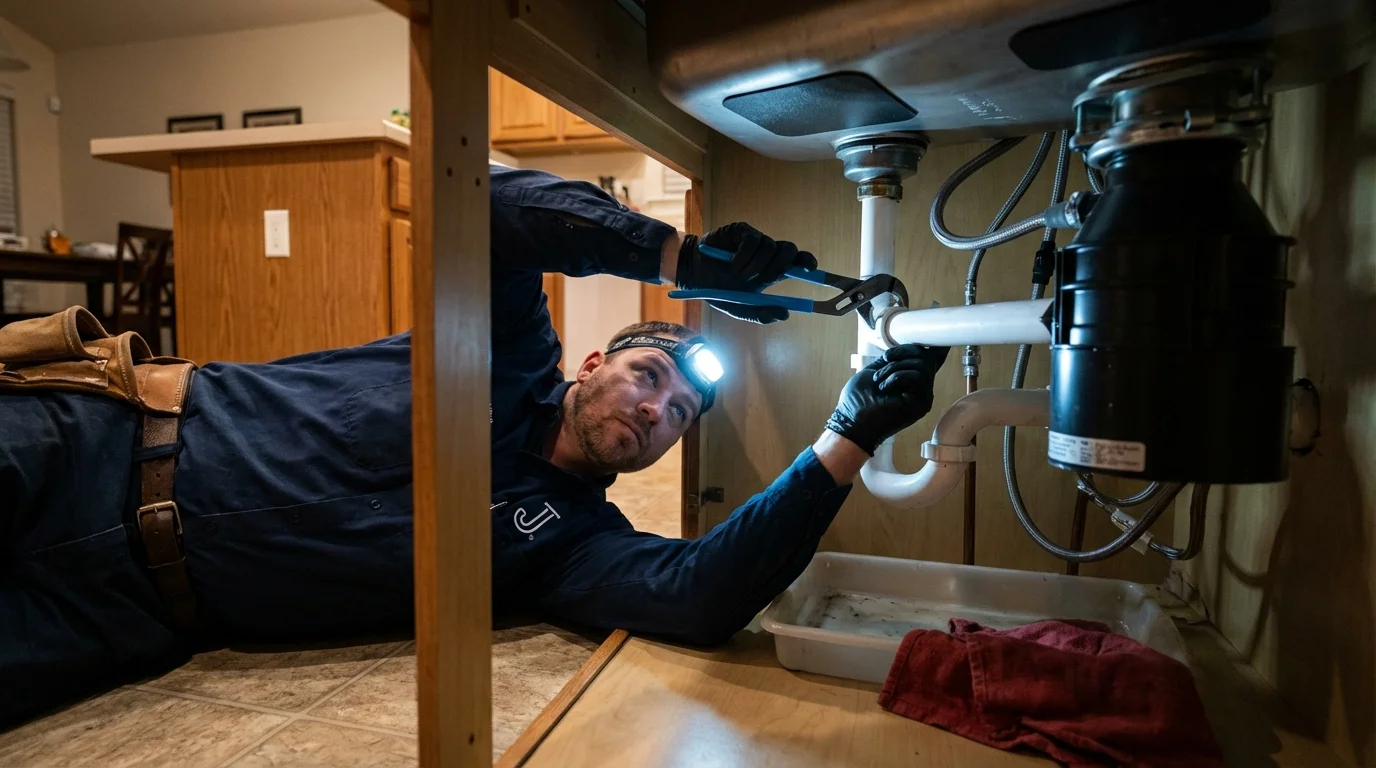 P-trap and supply line connections under a kitchen sink showing a common leak point in Joseph City, AZ